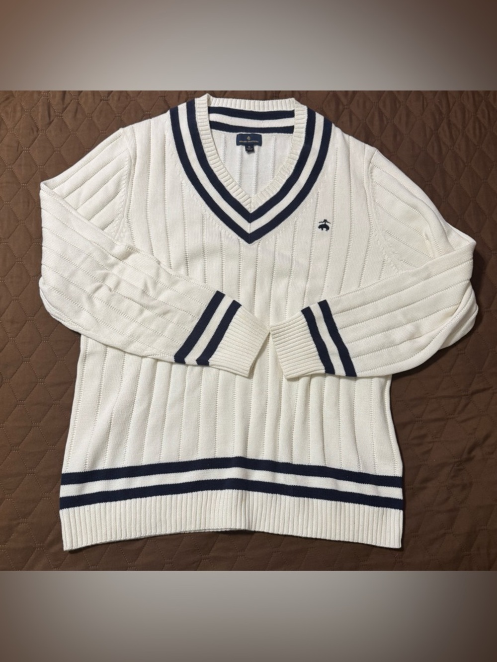 Brooks Brothers White V-Neck Sweater with Navy Stripes